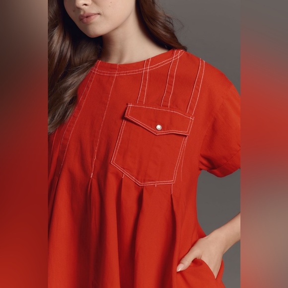 NWT! Anthropologie Pilcro Short-Sleeve Denim Mini Swing Dress - Size Large 🧸 - Picture 2 of 9